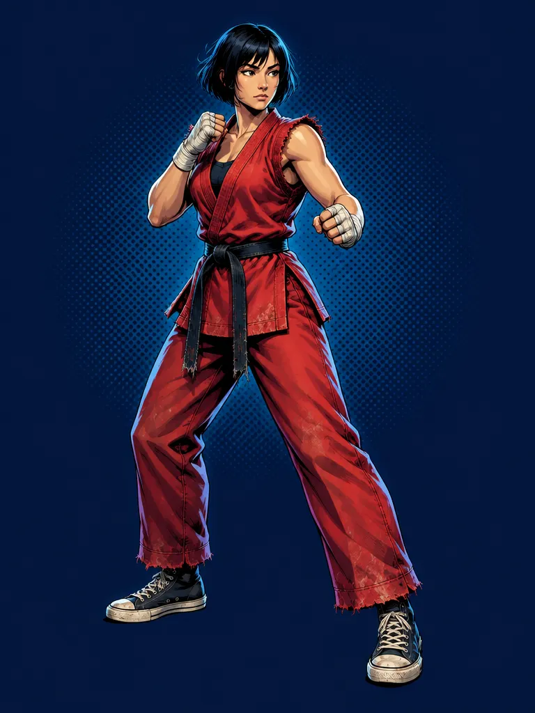 Sumi Okabe, karateka bergi merah tanpa lengan dengan tangan dibalut, dalam kuda-kuda siap.
